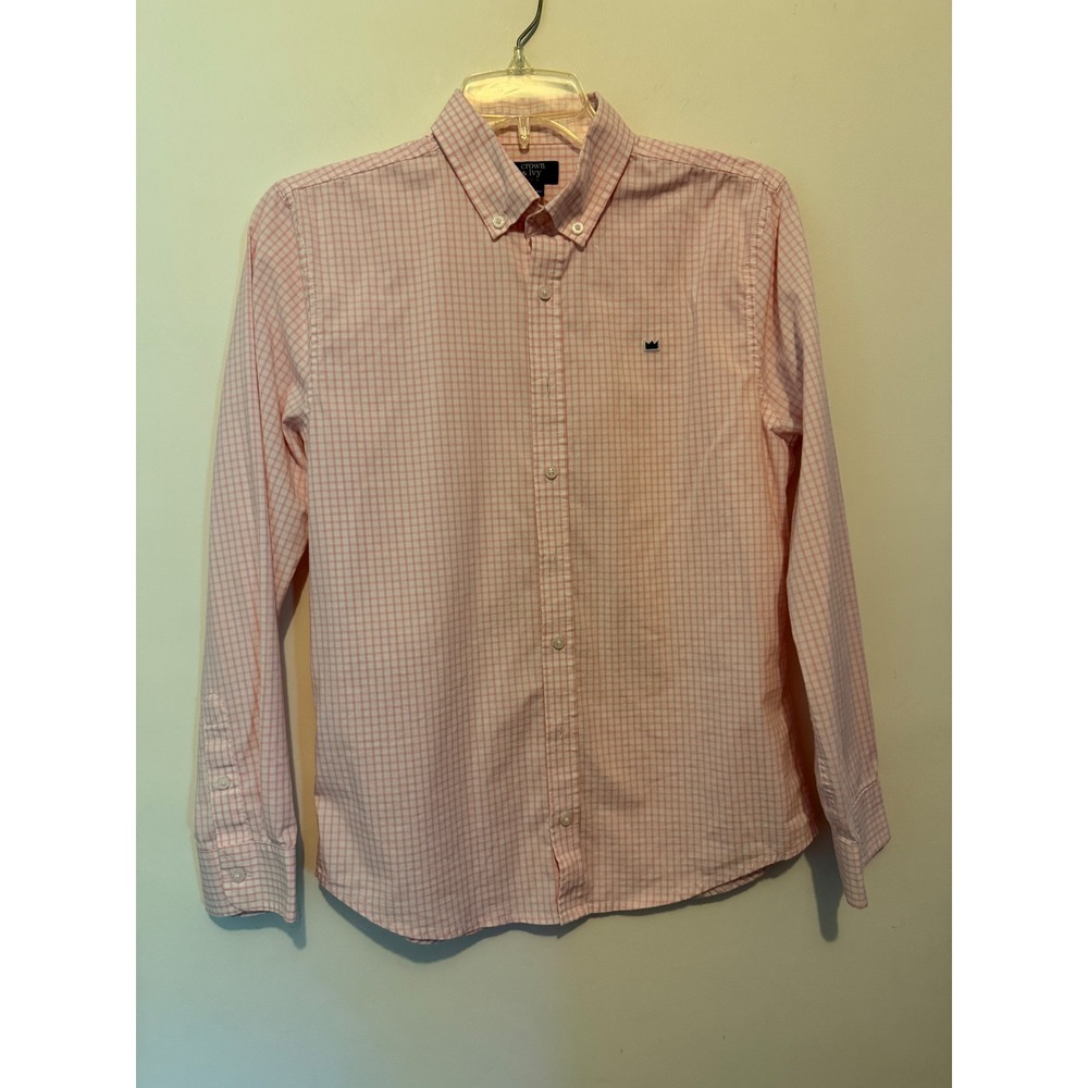 Crown & Ivy Boys Pink White Gingham Long Sleeve Button Down Shirt Size L Large